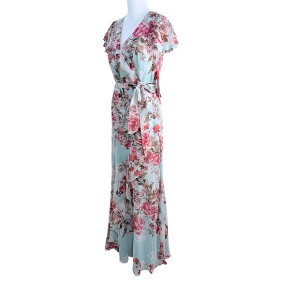 Eliza J Floral Chiffon Maxi Dress Blue Pink Wrap Style Flutter Sleeve Size 4 NWT - Picture 6 of 9